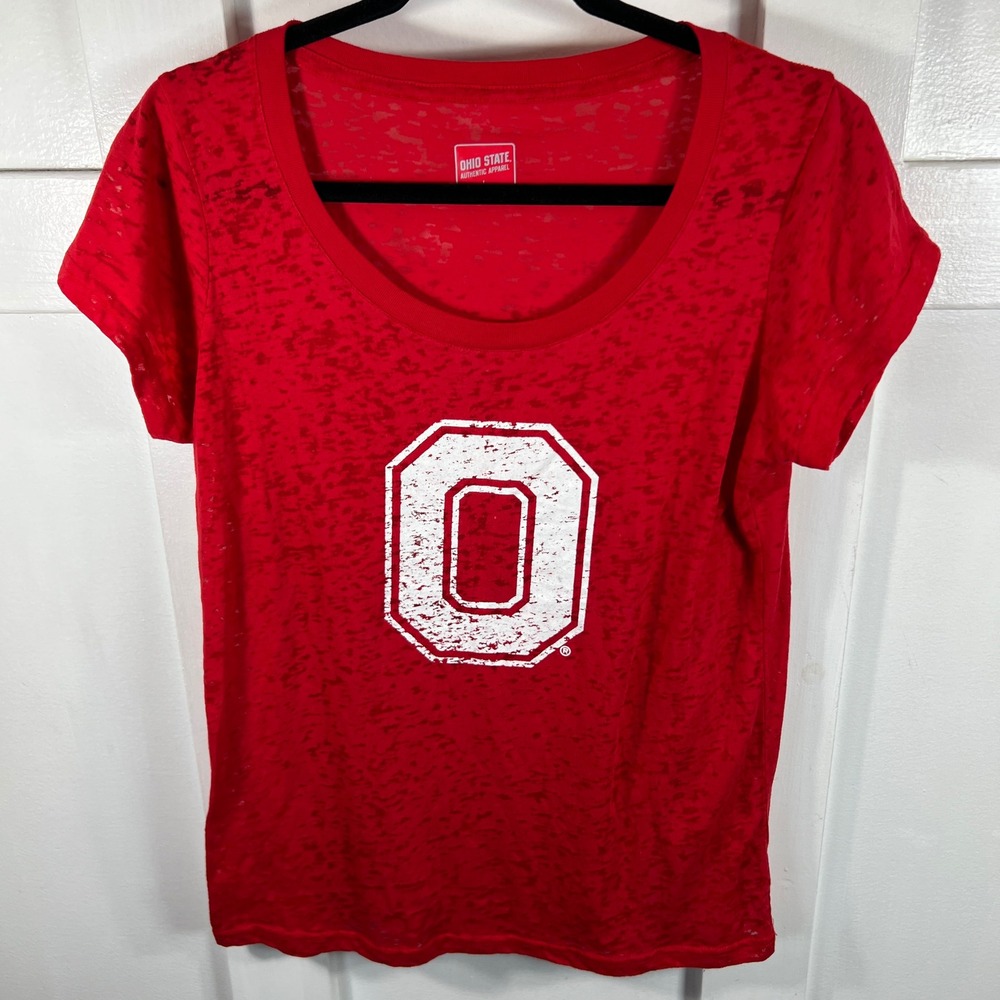 Ohio State Buckeyes Womens Red Burnout Short Sleeve T-Shirt Block O Logo Large